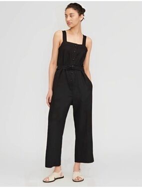 Everlane Black Button-Front Wide-Leg Jumpsuit with Tie